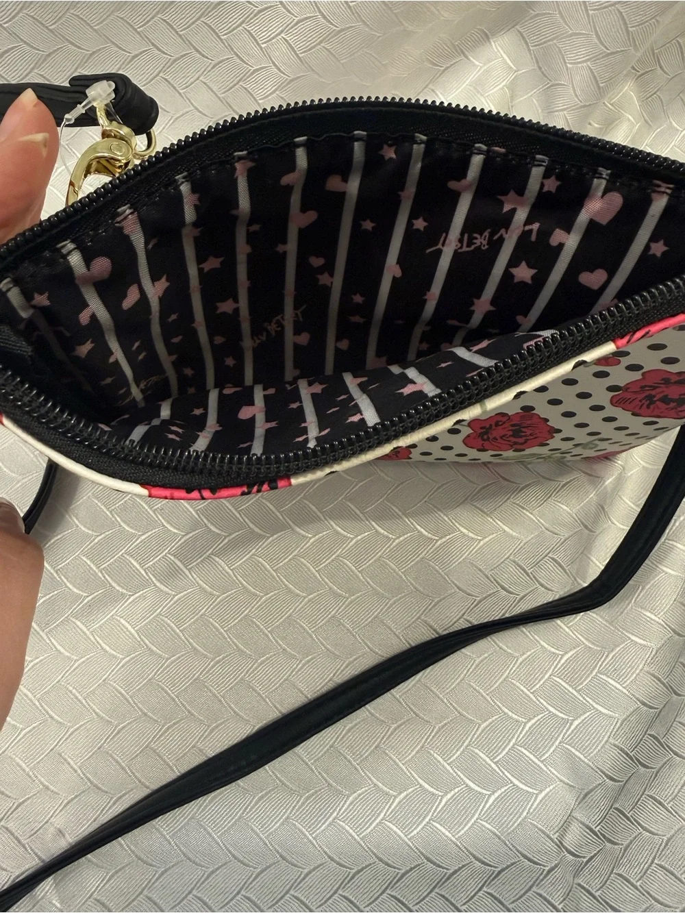 Betsey Johnson White Floral Polka Dot Crossbody Purse with Black Strap